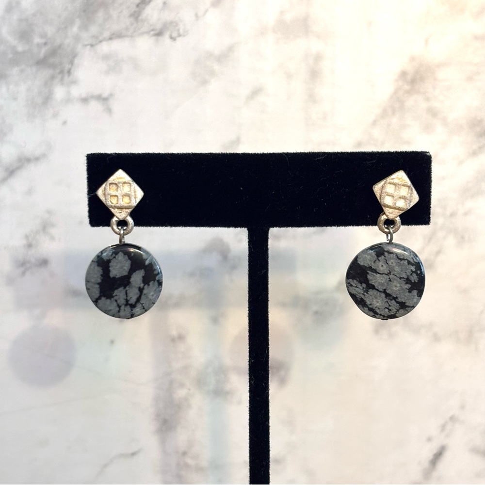 Vintage Snowflake Obsidian Zing Marked Earrings Set Gray Black Silver Tone